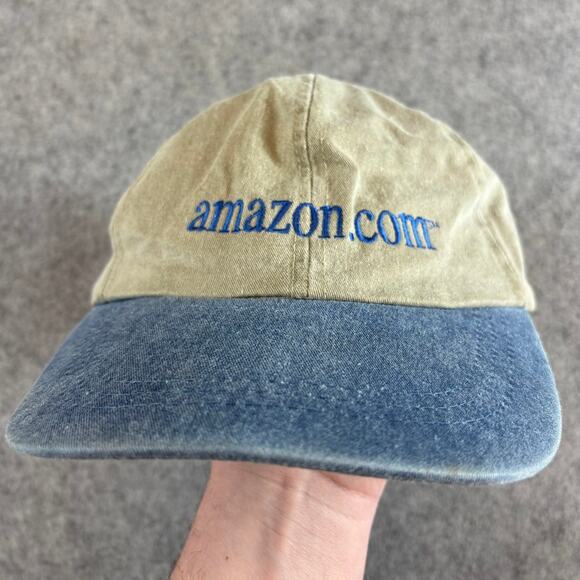 VINTAGE 90s Amazon.Com Hat Cap Unisex Beige Blue Strapback Leather Strap Dad